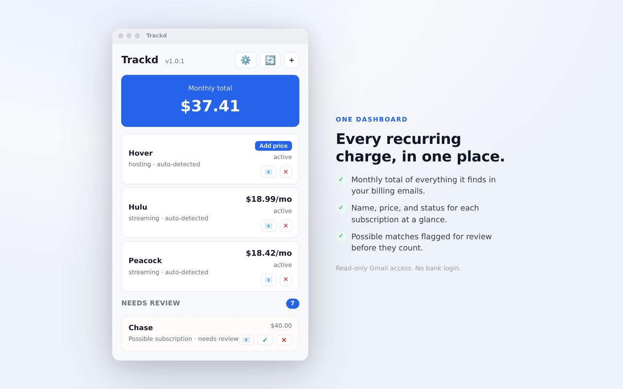 Trackd dashboard listing subscriptions with a monthly total